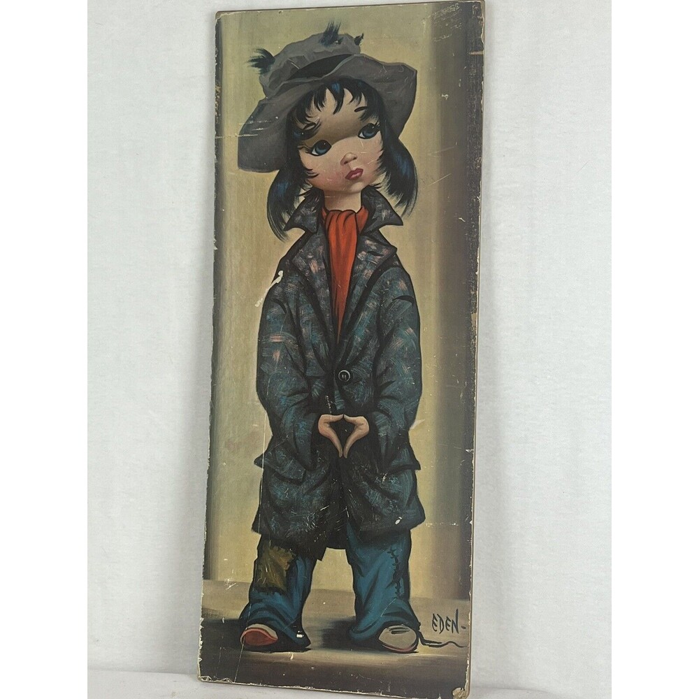 EDEN Big Eyes Hobo Girl Vintage Print On Board 10” X 25” X 1/2”.